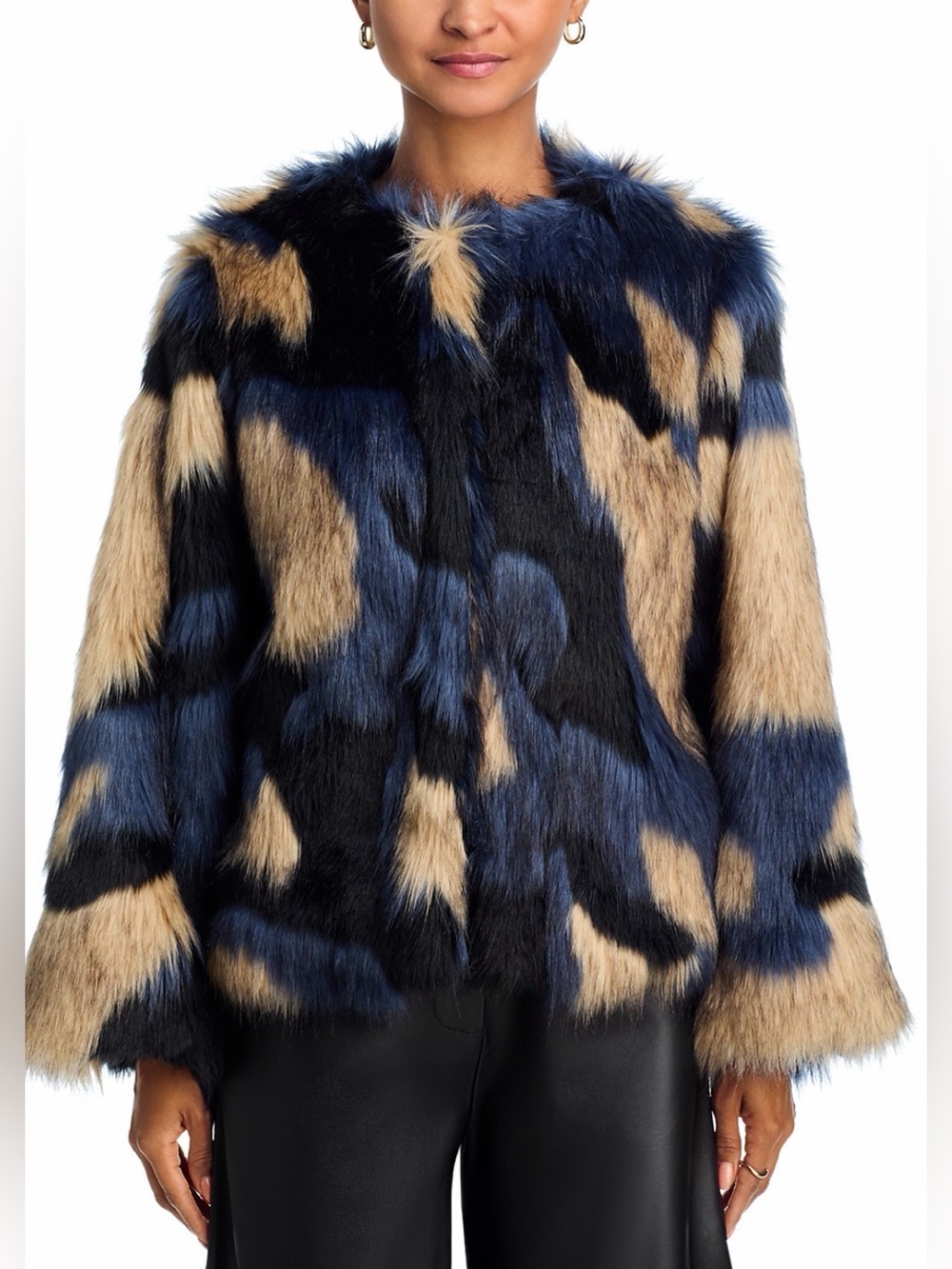 FARM Rio Navy Blue and Tan Faux Fur Coat - Picture 3 of 7